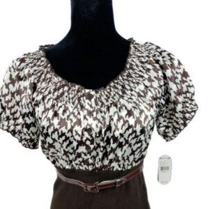 Studio Brown and White Houndstooth Short Sleeve Blouse
